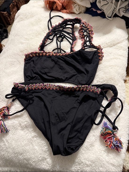 BECCA Other - BECCA Black Bikini with Multicolor Crochet Trim